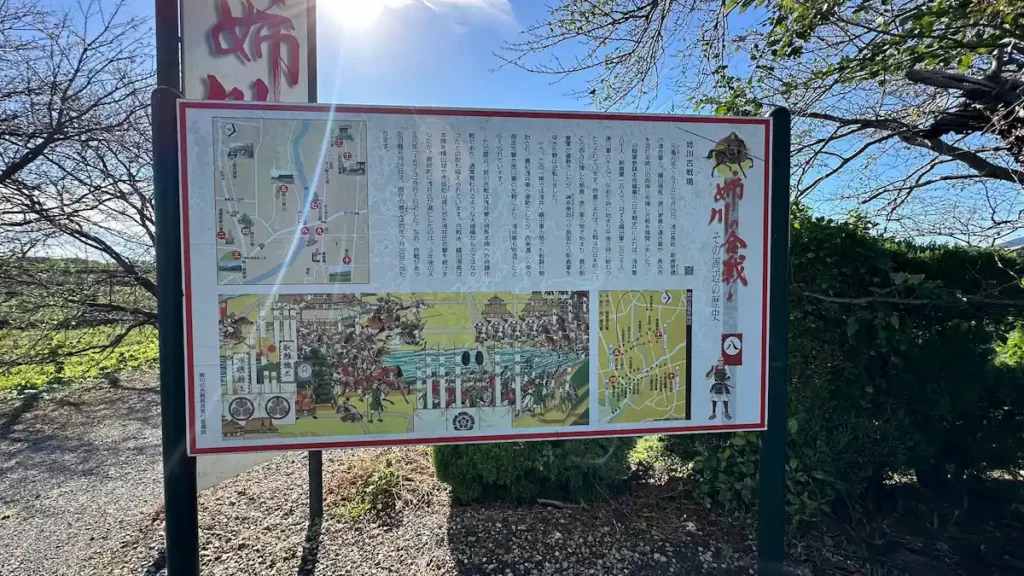 姉川古戦場の番号付き解説板——合戦の経緯と布陣図が記されている