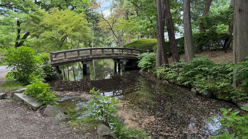 Bridge over Tsuru-ga-ike Pond in Morioka Castle Ruins Park