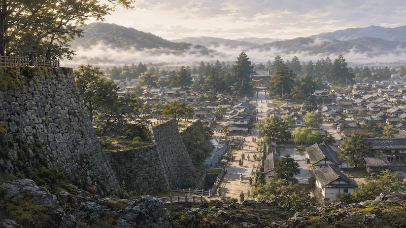 AI-generated illustration of Morioka Castle and its castle town (not a historical reconstruction)