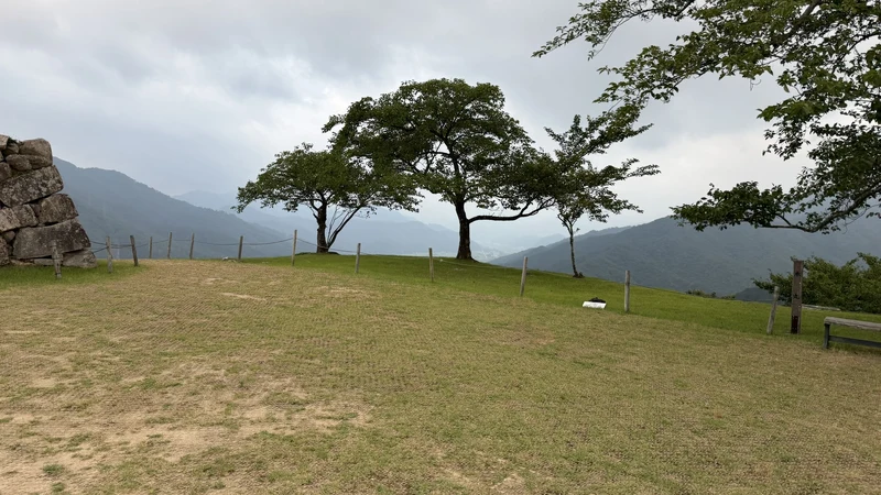 The wide lawn and trees at Honmaru, with mountains beyond, showing how open this bailey is now that its buildings are gone.