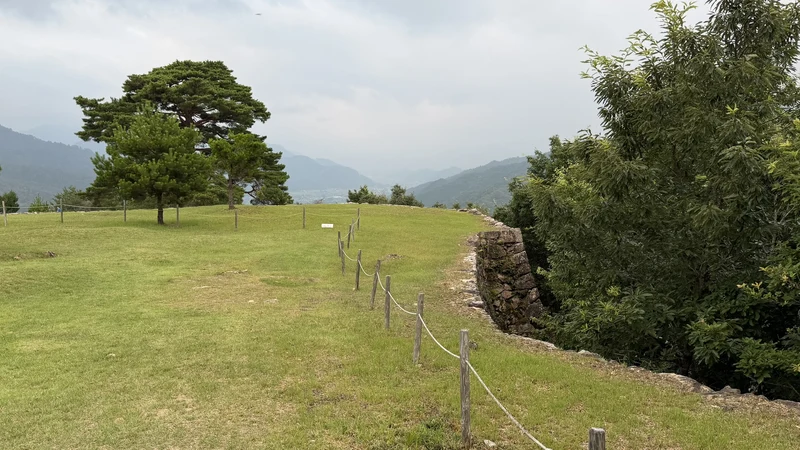 The lawn and stone-wall-lined viewing path at Minami-Ninomaru, with mountains visible from the edge of the bailey.