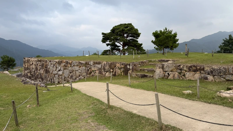 Low stone walls and a gentle path around Minami-Ninomaru, showing several flat terraces stepped one above another.