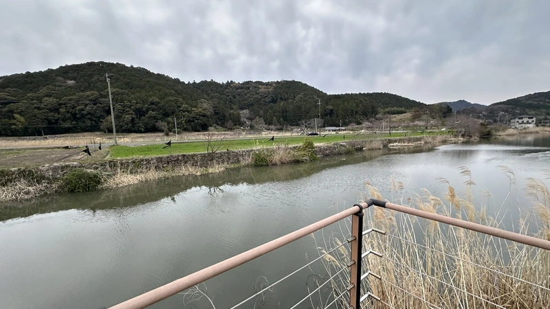 The remains of the outer moat at Azuchi Castle, holding standing water, with fields and hills visible beyond.