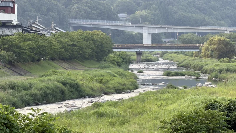 Greenery along the river, a bridge, and the surrounding mountains in the Takeda area.