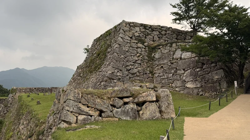 The tall stone walls of Tenshudai, seen head-on — the iconic, symbolic ruin at the heart of Takeda Castle.