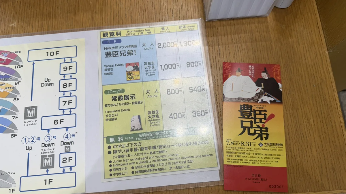 Admission fee chart and ticket at the Osaka Museum of History