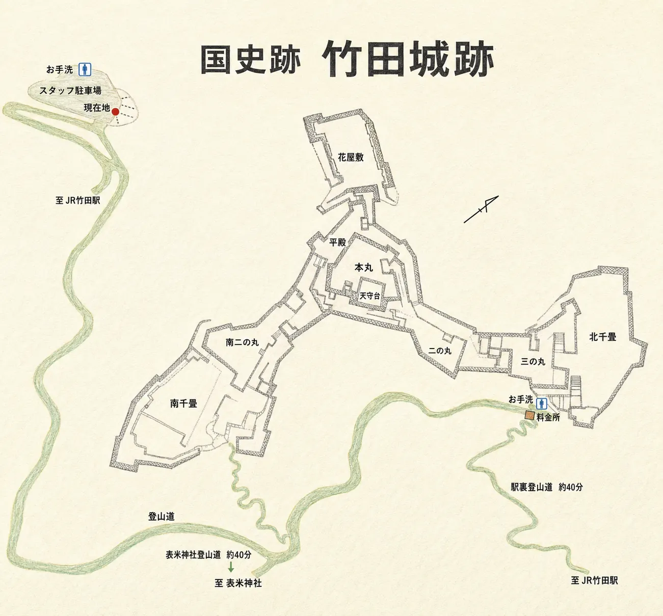 竹田城跡の城内マップ。城域全体の配置と観覧順が示されている。