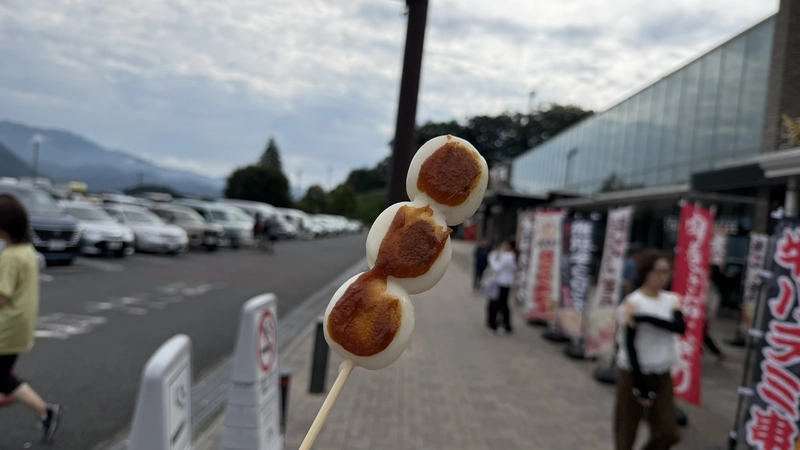 山梨名物の串団子を手にした休憩風景（中央自動車道 EXPASA談合坂）