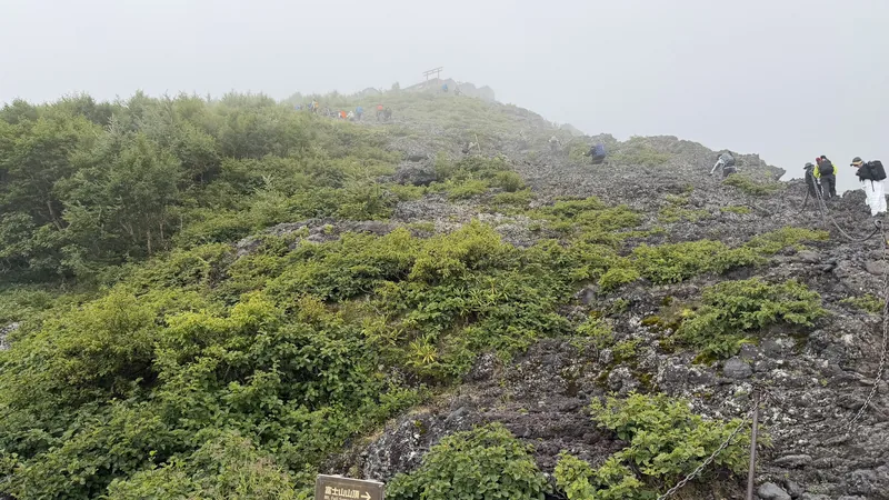 富士一館付近、霧がかかる緑の火山斜面