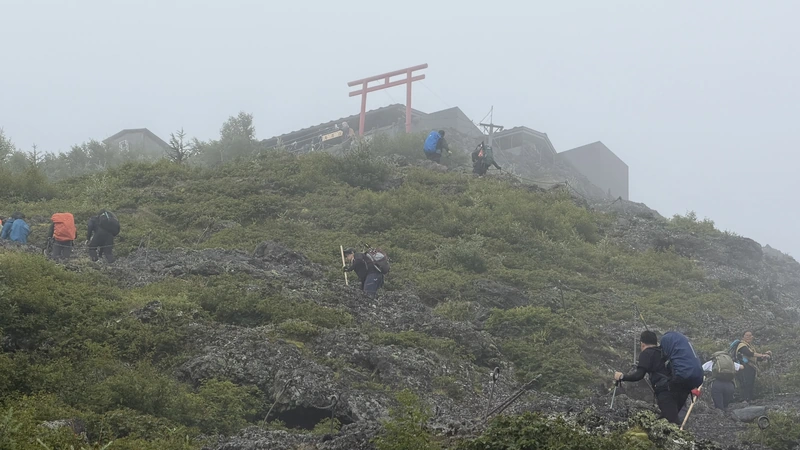 霧の斜面に見える鳥居荘の朱色の鳥居