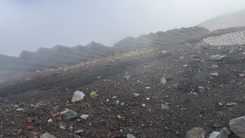 火山礫の斜面に並ぶ土留めと侵食防止設備