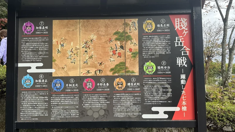 Information panel about the Seven Spears of Shizugatake near the parking area