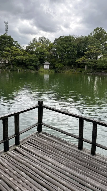 Veranda of the moon-viewing room extending over the pond