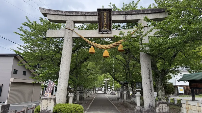 A torii gate hung with a shimenawa sacred rope, with the approach path continuing beyond it