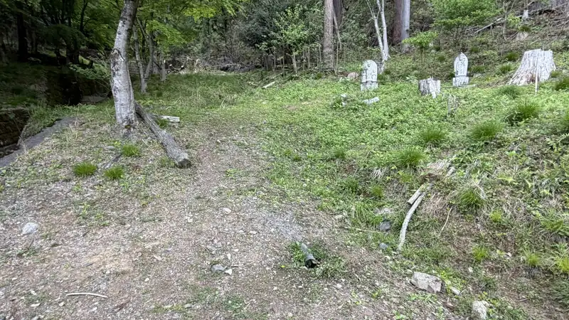 A small stone Buddhist figure set into a wooded slope
