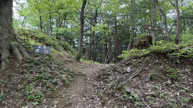 A sign at a trail junction, next to terrain shaped like an earthen rampart