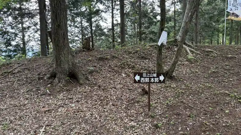 A sign pointing toward the main enclosure, next to a dirt path
