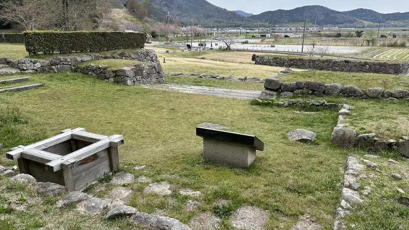 An elevated view of the remains in the upper western enclosure, showing the preserved remains and rows of stones.
