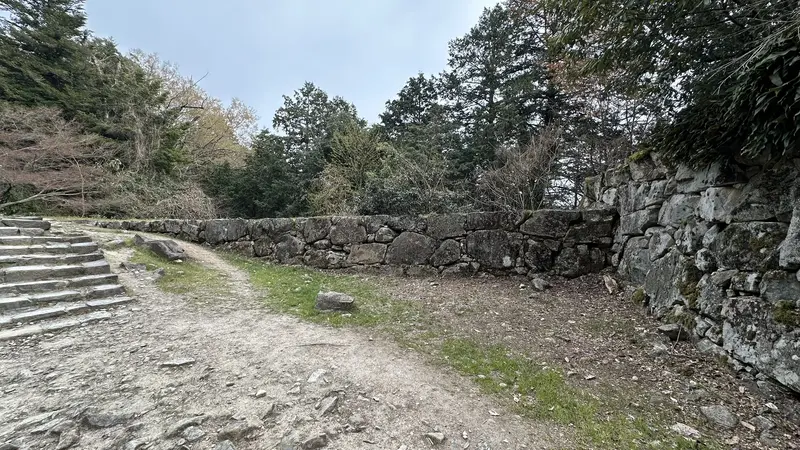 Path and stone wall on the south side of Azuchi Castle's Ninomaru. A long stretch of stonework runs alongside the stone steps to the left.