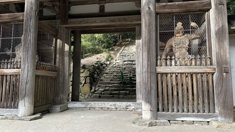 A front view of the Nio Gate, with stone steps leading further up the mountain visible between the two Nio statues.