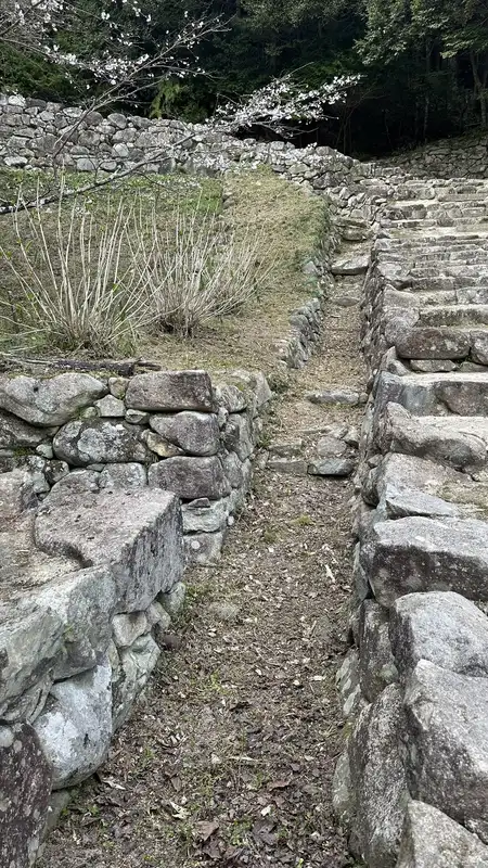 A stone-lined drainage channel running alongside Otemichi, with a narrow trench parallel to the stairway.