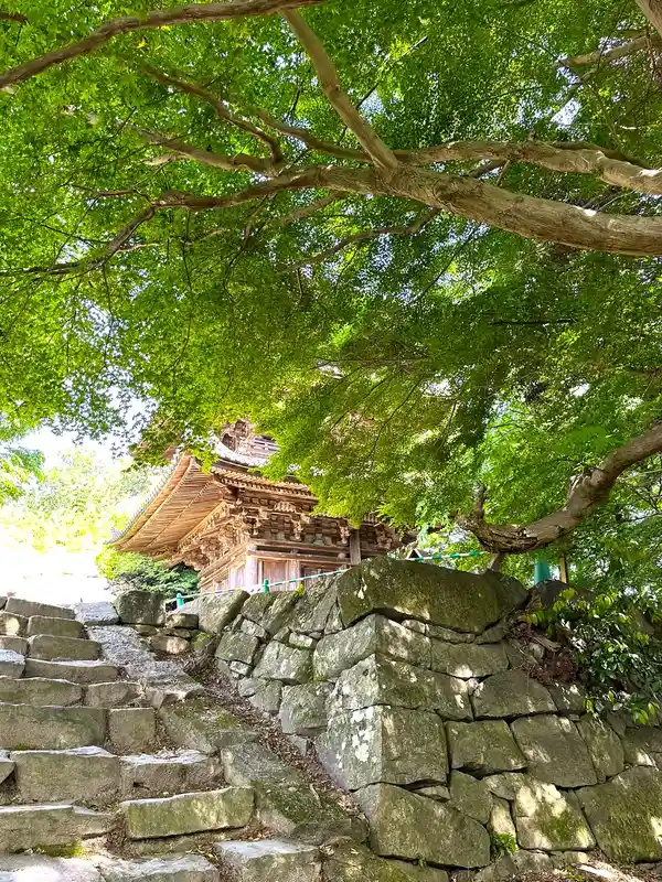 The Three-Story Pagoda glimpsed between the trees and the stone wall, with deep eaves and timber bracketing visible.