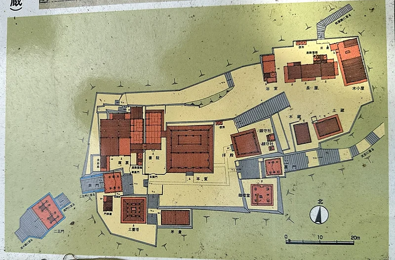 A color-coded site plan showing the layout of buildings within Sōken-ji's former precinct.