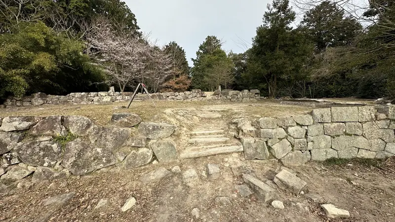 The site of Sōken-ji's former main hall viewed head-on from the stone steps, with the flat building site above a stone wall.