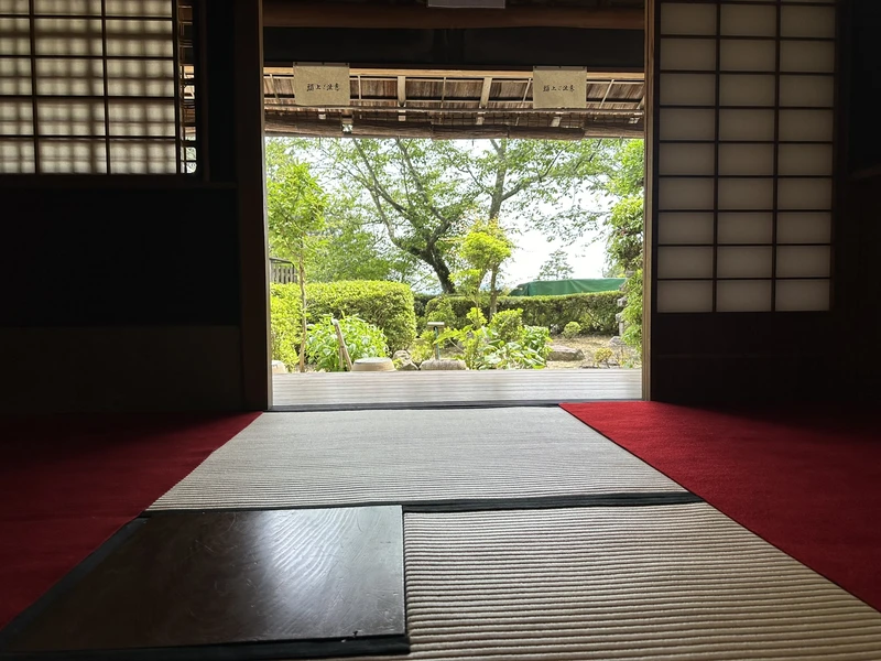 A view of Sokenji's garden from the tea room, with tatami and wooden flooring in the foreground and greenery beyond.