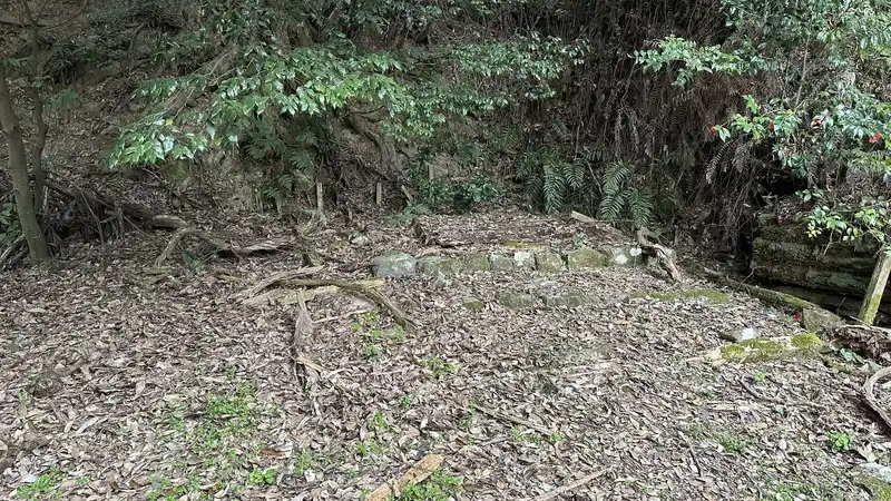 A low row of stones remaining on the ground within the grove near the residence ruins attributed to Takei Sekian.