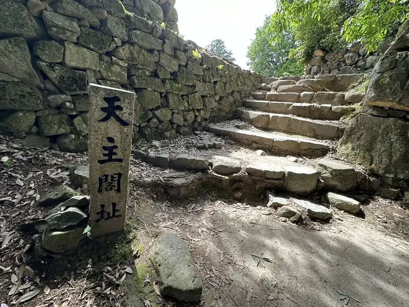 Stone steps leading up to the Azuchi Castle tenshu (tower) site, marked by a stone monument reading "Tenshu-kaku-shi."