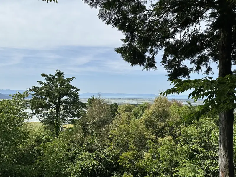 View toward Lake Biwa glimpsed through the trees near the Azuchi Castle tenshu (tower) site.