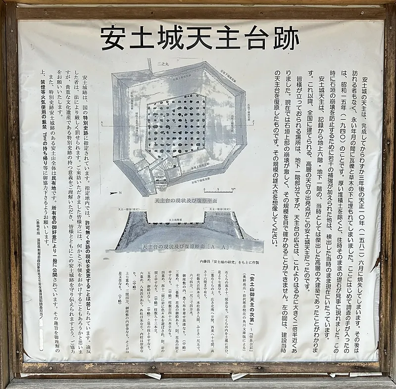 An on-site signboard titled "Azuchi Castle Tenshudai Ruins," showing the current condition, a reconstructed floor plan, and a reconstructed cross-section of the tower base.