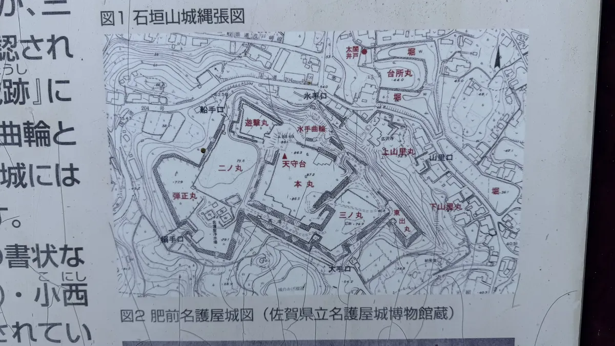 Diagram comparing the layouts of Ishigakiyama Castle and Hizen Nagoya Castle