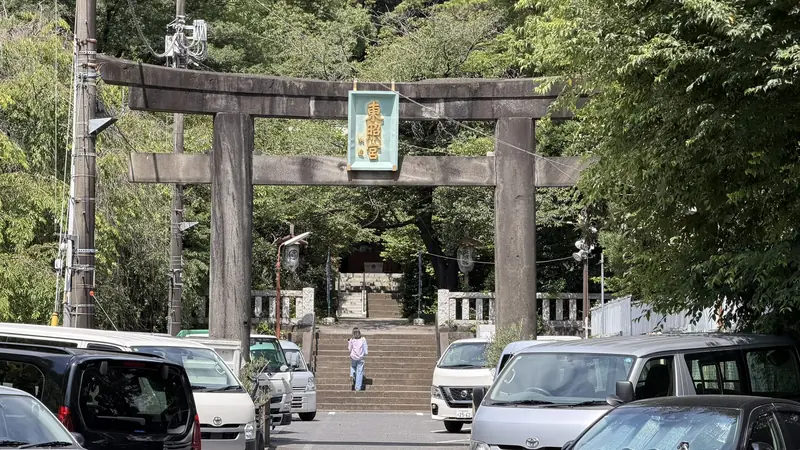 Stone torii at the roadside entrance to Shiba Toshogu