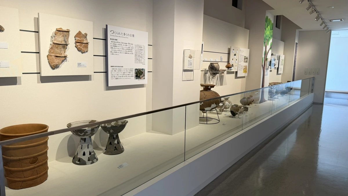 Pottery and roof tiles on display in Itami City Museum's permanent gallery