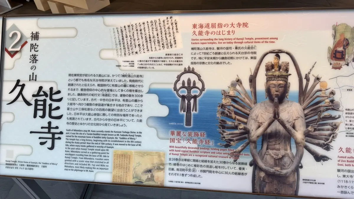 A history display panel at Nihondaira headed Kunoji, with a photograph of a thousand-armed Kannon statue