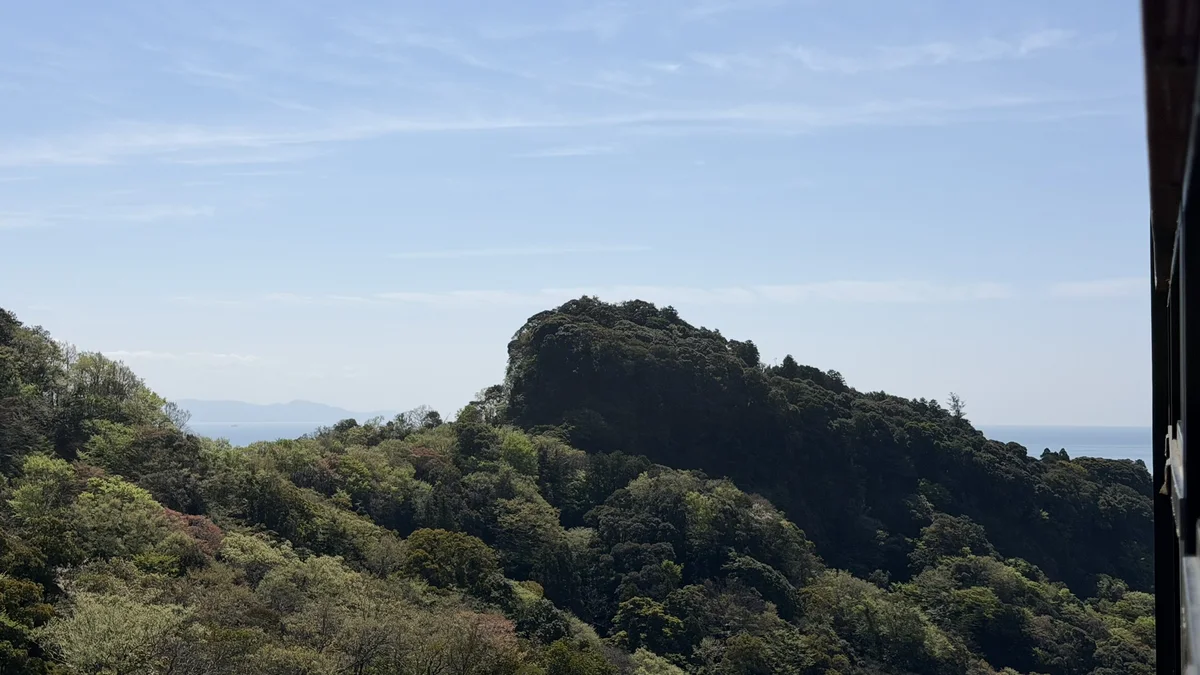 The wooded summit of Kunozan and Suruga Bay behind it, seen from the ropeway cabin