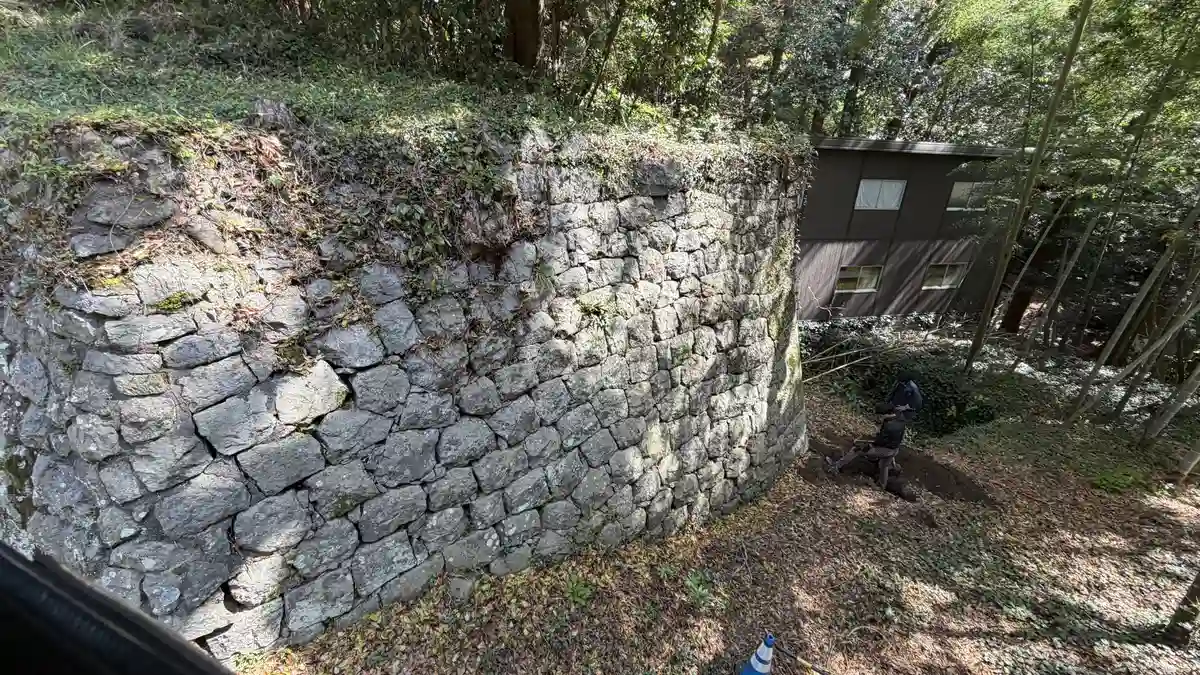 Stone walling on the slope of Kunozan seen from above, with buildings and trees behind