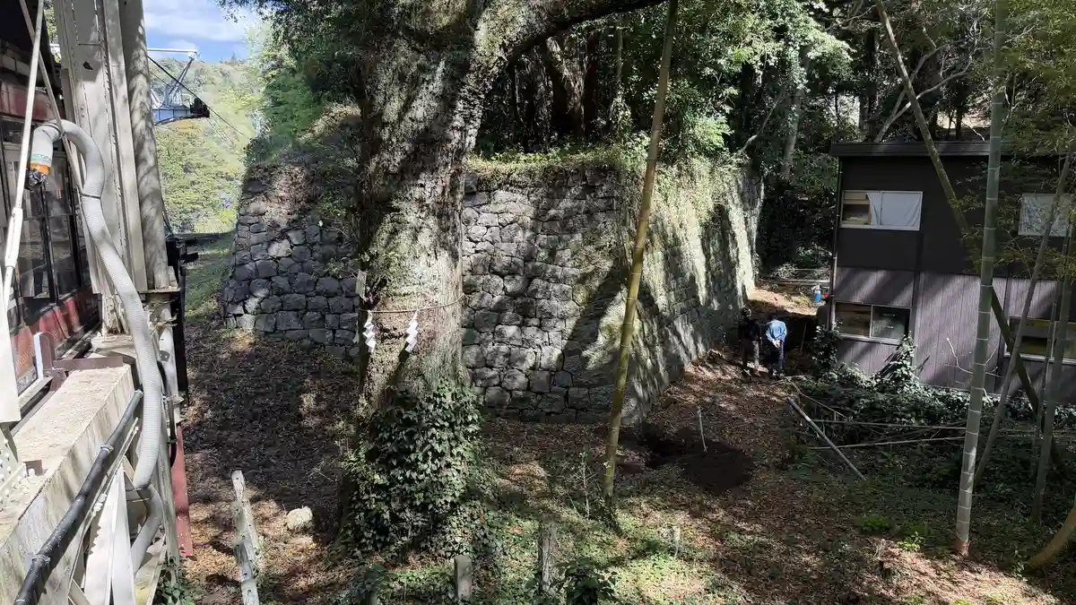 Stone walling running up the hillside at Kunozan, seen from high ground near the ropeway station
