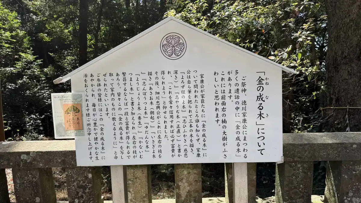 A white explanatory board about the money tree, set up near the mausoleum at Kunozan Toshogu