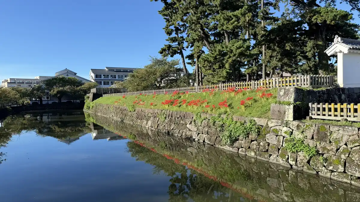 Moat seen from the arched Megane-bashi bridge, with spider lilies in bloom
