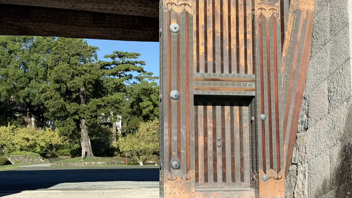 Copper fittings on the wooden doors of the Akagane Gate