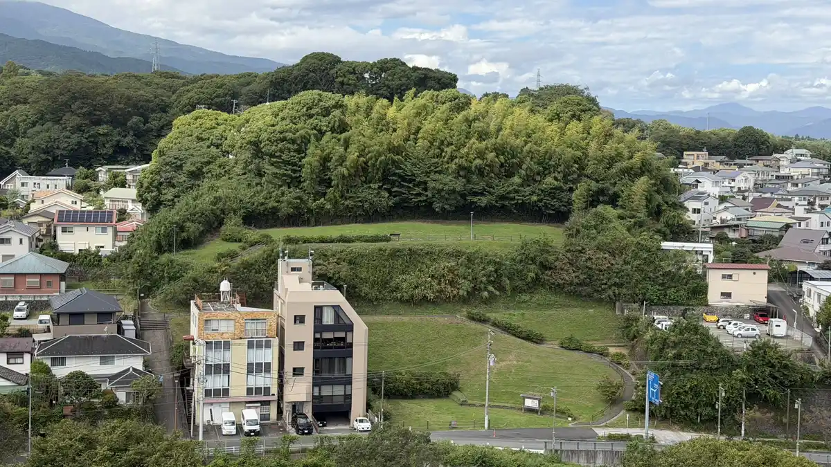 Wooded Hachimanyama hill beyond houses, seen from the keep