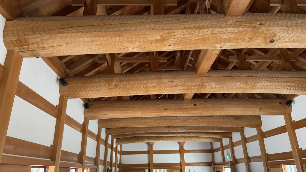 Thick wooden beams in the ceiling of the room above the Akagane Gate