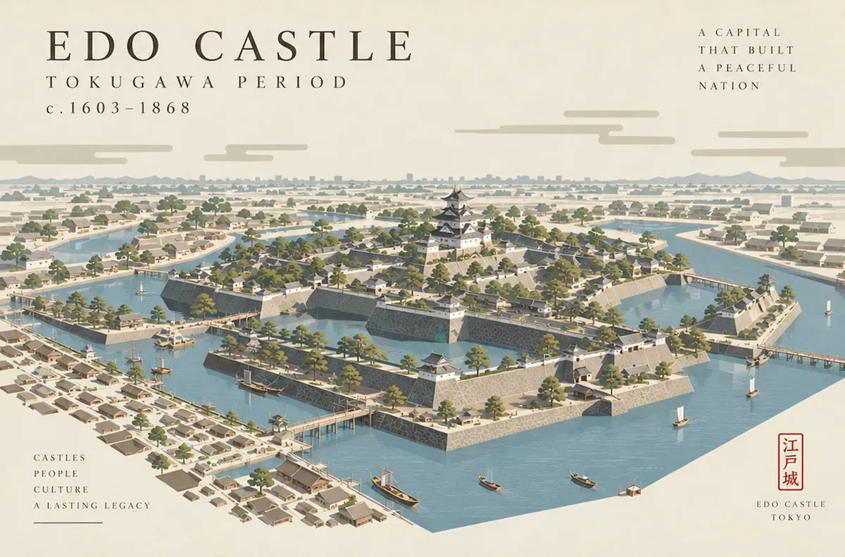 Edo Castle with its keep and stone ramparts in the early Tokugawa period, the shogunal seat Ieyasu built after 1603