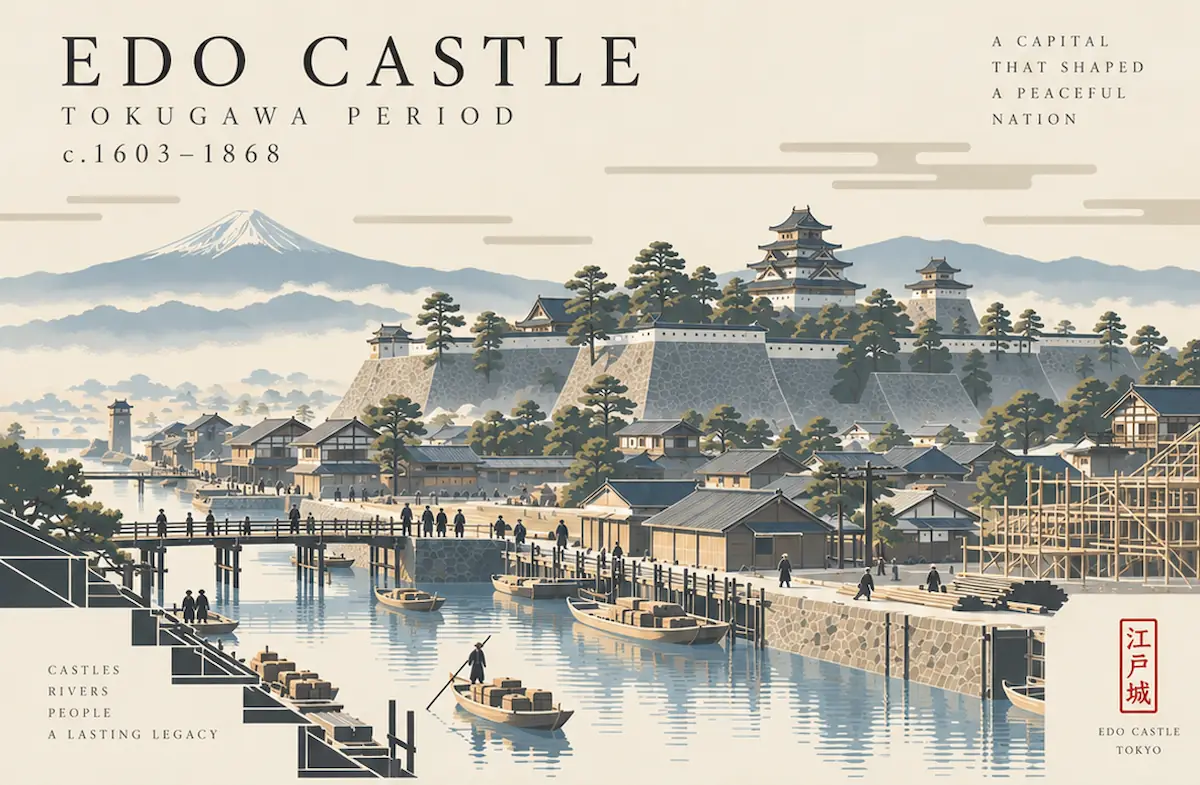 The early Edo townscape rising below Edo Castle — the world SHOGUN Season 2's reported Edo set points toward