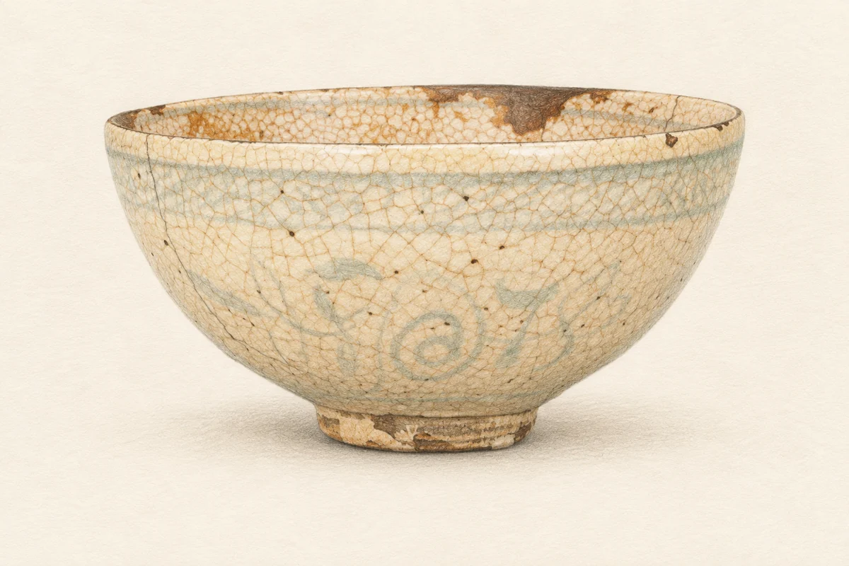 AI生成イメージ：大名物の染付唐草文茶碗「荒木」（出品No.190）を参考に制作した色鉛筆画調のイメージ