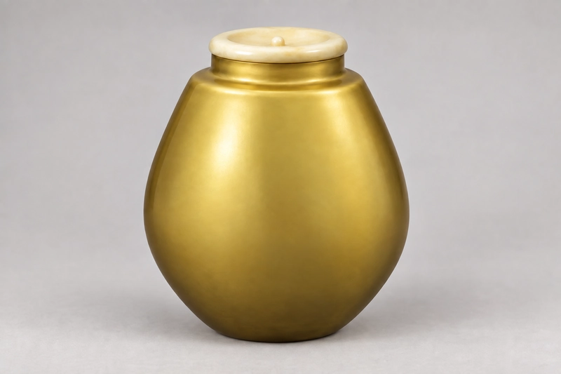 白っぽい蓋と丸みのある金色の茄子茶入を描いたAI参考イメージ