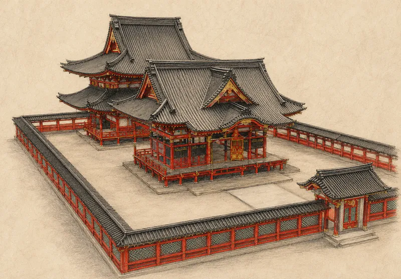AI-generated illustration imagining the Taitokuin Mausoleum model